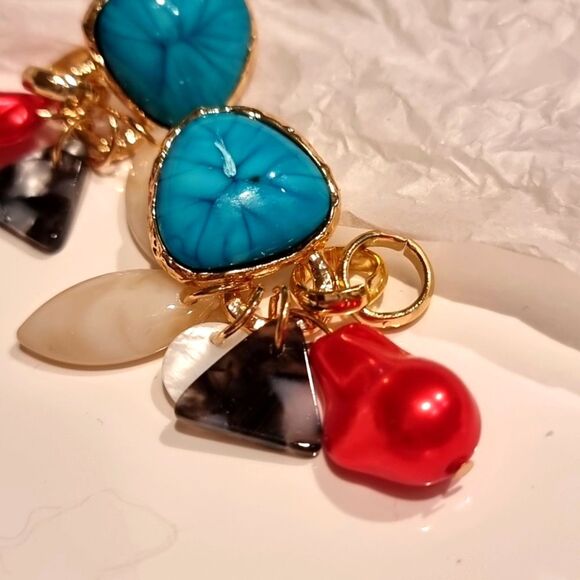 New ZARA  Gold and Turquoise Stone Dangle Charm Earrings - Picture 7 of 11